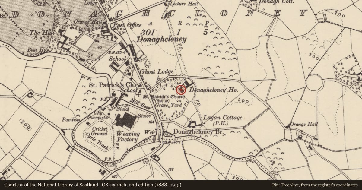 Ordnance Survey six-inch map, 2nd edition (1888–1915) covering the location of Donaghcloney House, Armagh City, Banbridge and Craigavon, with a pin at the register's coordinates