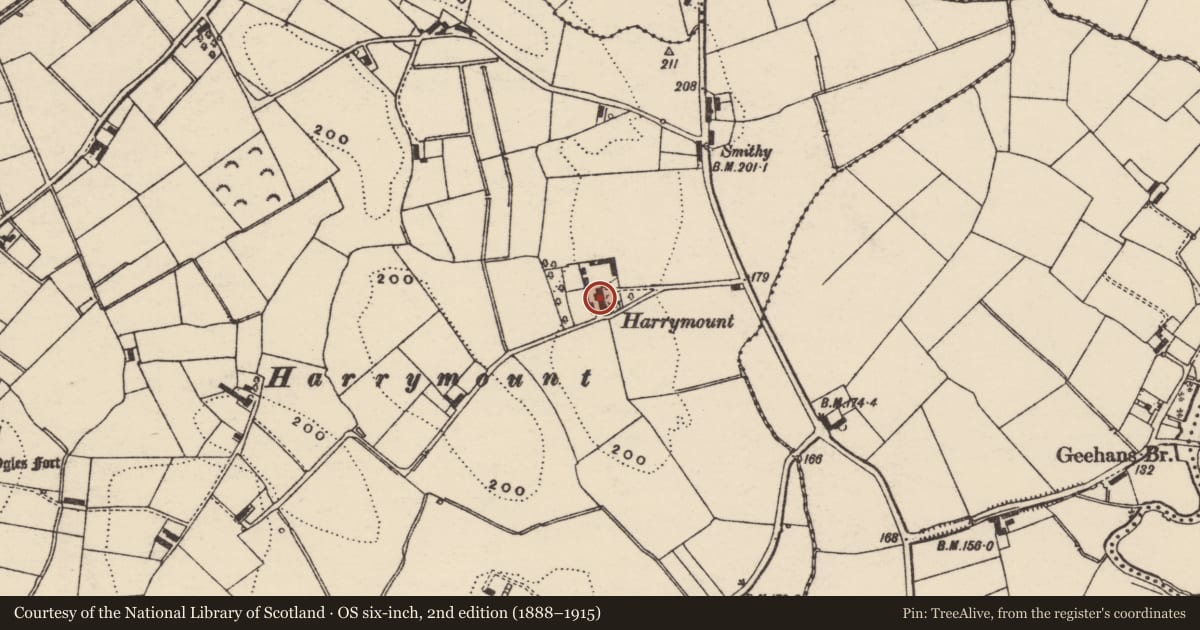 Ordnance Survey six-inch map, 2nd edition (1888–1915) covering the location of Harrymount House, Tullyherron, Armagh City, Banbridge and Craigavon, with a pin at the register's coordinates