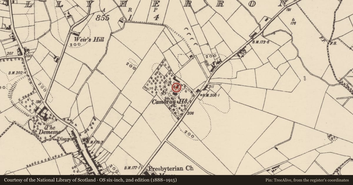 Ordnance Survey six-inch map, 2nd edition (1888–1915) covering the location of Cambray House, Armagh City, Banbridge and Craigavon, with a pin at the register's coordinates