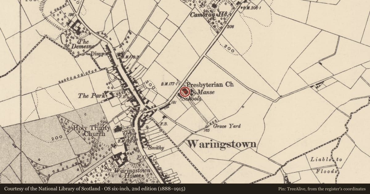 Ordnance Survey six-inch map, 2nd edition (1888–1915) covering the location of Waringstown Presbyterian Church, Armagh City, Banbridge and Craigavon, with a pin at the register's coordinates