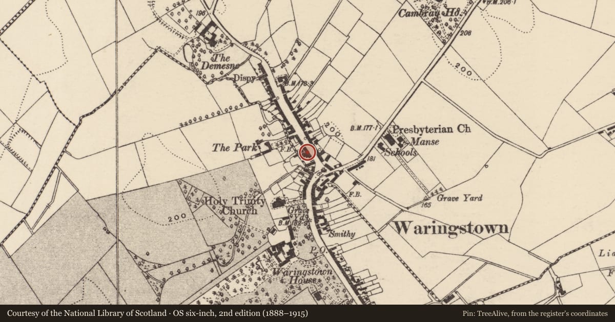 Ordnance Survey six-inch map, 2nd edition (1888–1915) covering the location of 59 Main St., Armagh City, Banbridge and Craigavon, with a pin at the register's coordinates