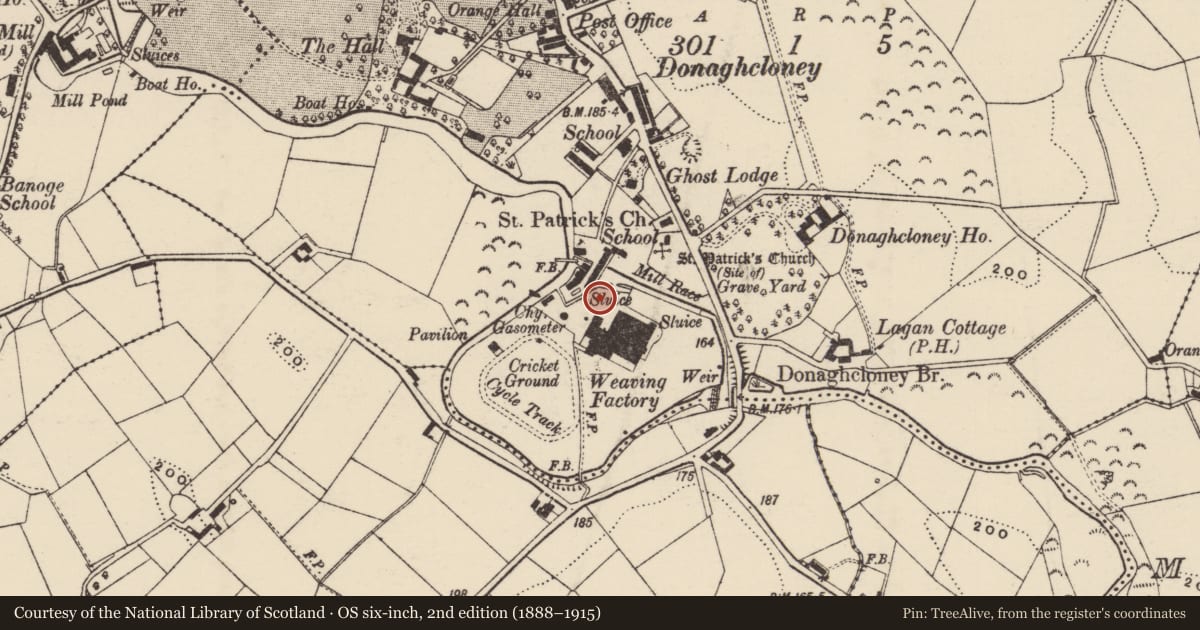 Ordnance Survey six-inch map, 2nd edition (1888–1915) covering the location of Liddell's Mill, Donaghacloney, Armagh City, Banbridge and Craigavon, with a pin at the register's coordinates