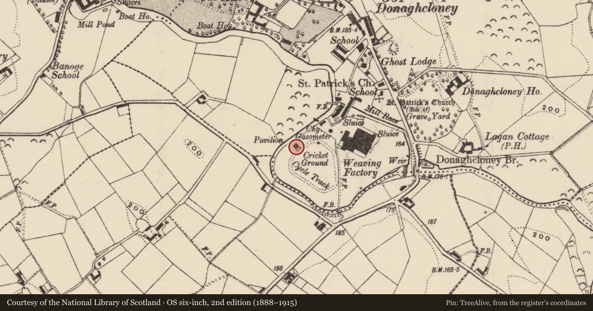 Ordnance Survey six-inch map, 2nd edition (1888–1915) covering the location of Cricket Pavilion, Donaghacloney, Armagh City, Banbridge and Craigavon, with a pin at the register's coordinates