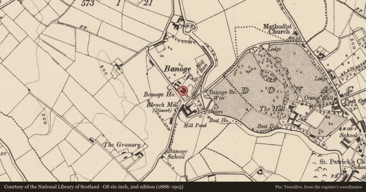 Ordnance Survey six-inch map, 2nd edition (1888–1915) covering the location of Banoge House, Armagh City, Banbridge and Craigavon, with a pin at the register's coordinates
