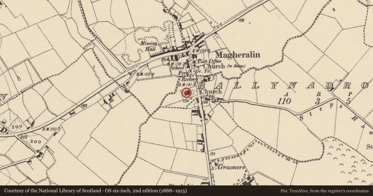 Ordnance Survey six-inch map, 2nd edition (1888–1915) covering the location of Church Of The Holy Undivided Trinity, Armagh City, Banbridge and Craigavon, with a pin at the register's coordinates