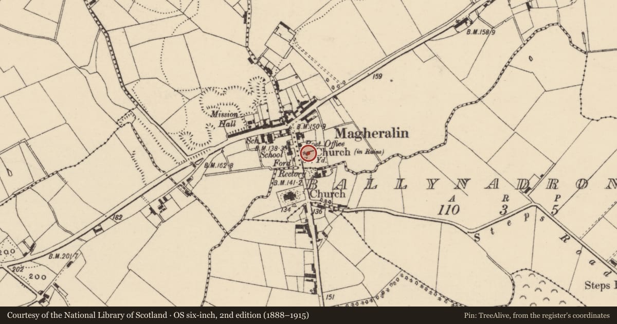 Ordnance Survey six-inch map, 2nd edition (1888–1915) covering the location of Church Ruins, Armagh City, Banbridge and Craigavon, with a pin at the register's coordinates