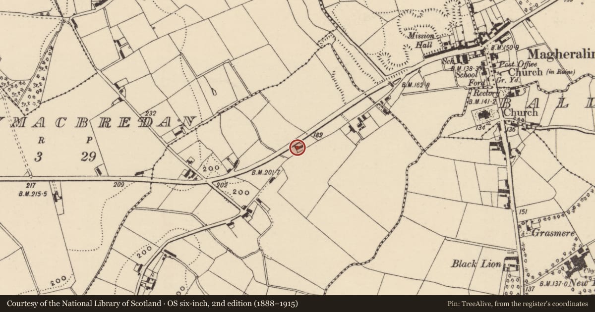 Ordnance Survey six-inch map, 2nd edition (1888–1915) covering the location of 180/182 Lurgan Road, Ballymacmaine, Armagh City, Banbridge and Craigavon, with a pin at the register's coordinates