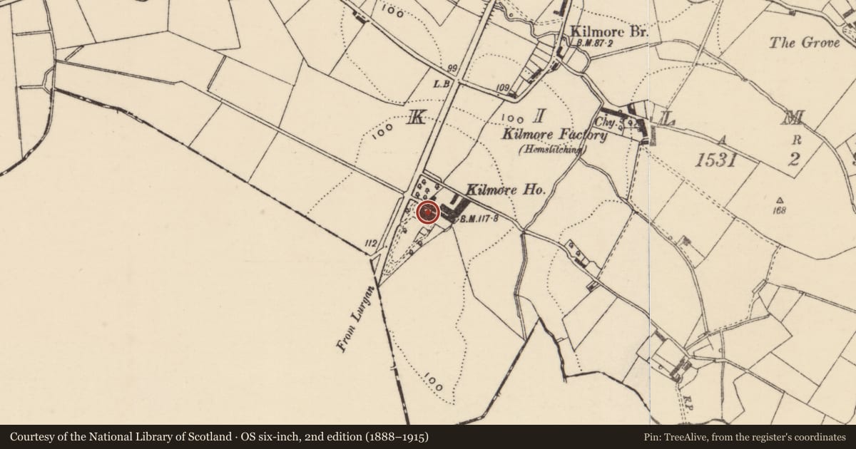 Ordnance Survey six-inch map, 2nd edition (1888–1915) covering the location of Kilmore House, Armagh City, Banbridge and Craigavon, with a pin at the register's coordinates