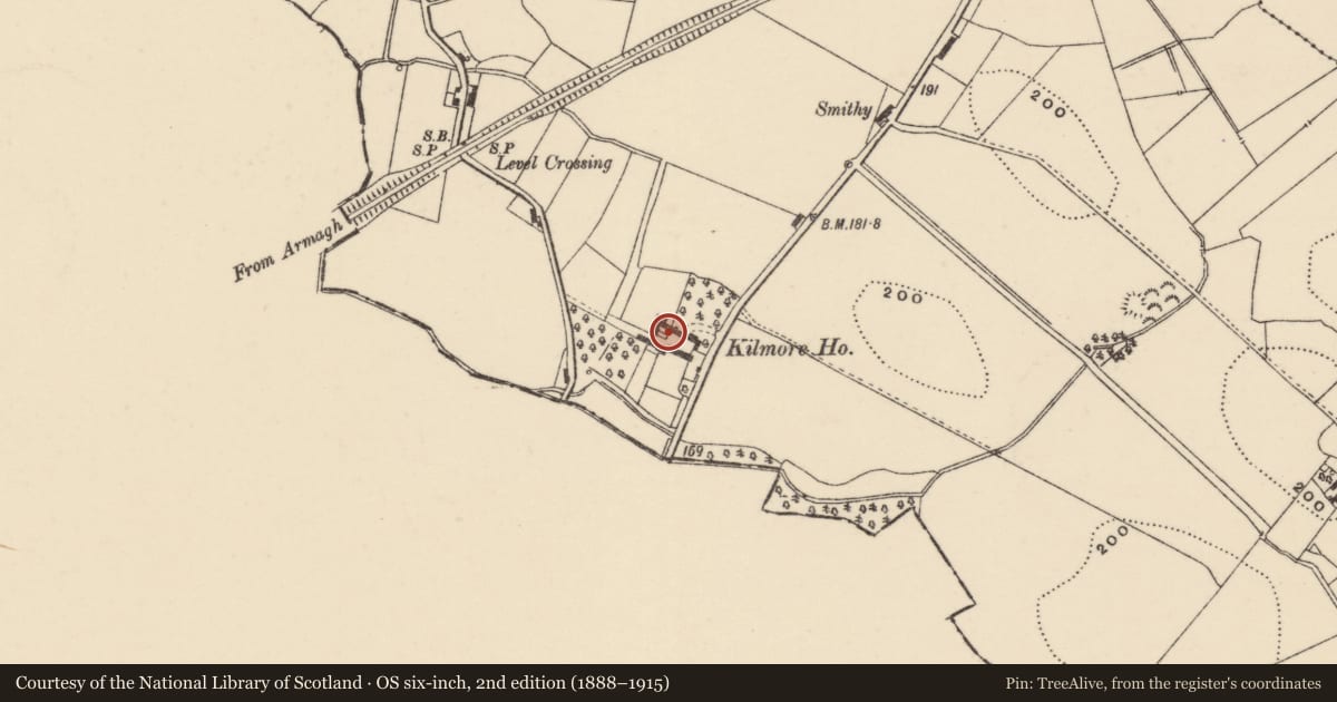 Ordnance Survey six-inch map, 2nd edition (1888–1915) covering the location of Kilmore House, Armagh City, Banbridge and Craigavon, with a pin at the register's coordinates
