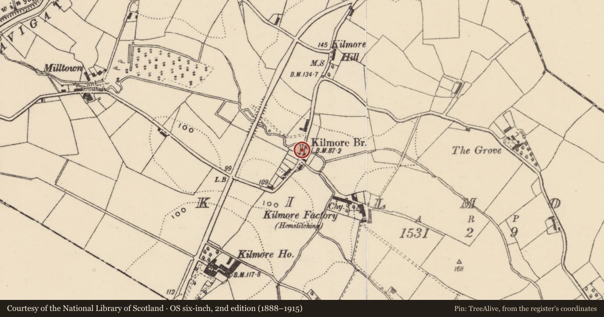Ordnance Survey six-inch map, 2nd edition (1888–1915) covering the location of Kilmore Bridge, with a pin at the register's coordinates