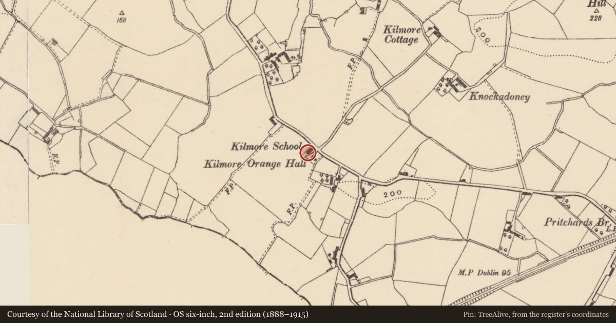 Ordnance Survey six-inch map, 2nd edition (1888–1915) covering the location of Former Kilmore school, with a pin at the register's coordinates