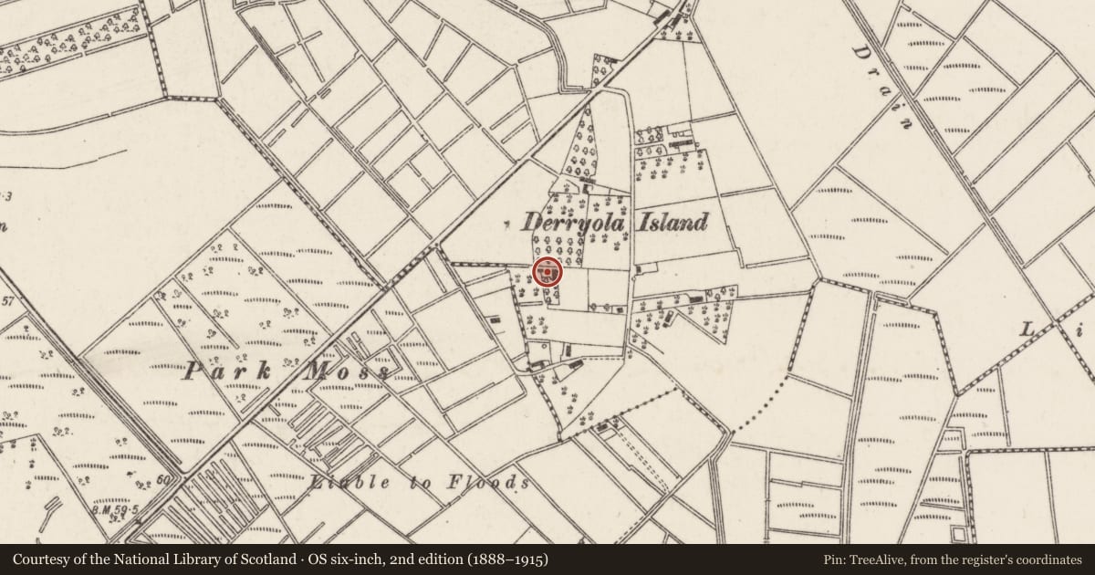 Ordnance Survey six-inch map, 2nd edition (1888–1915) covering the location of 2 Derryola Island Lane, with a pin at the register's coordinates