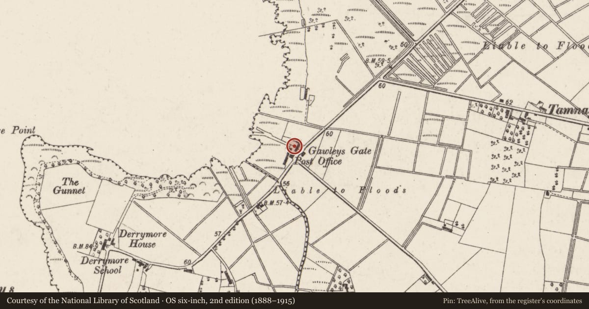 Ordnance Survey six-inch map, 2nd edition (1888–1915) covering the location of Telephone Kiosk at The Gate Inn, Gawley's Gate, Aghalee, Co Antrim, Montiaghs, Armagh City, Banbridge and Craigavon, with a pin at the register's coordinates