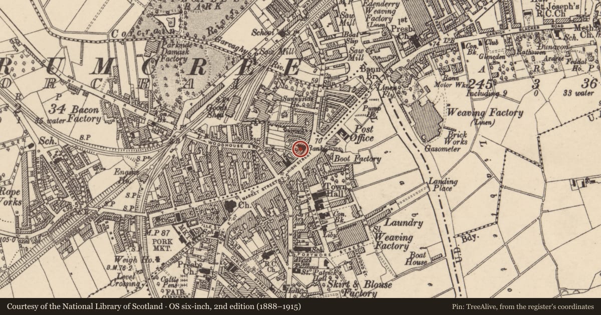 Ordnance Survey six-inch map, 2nd edition (1888–1915) covering the location of (FORMER) Bank Of Ireland, Armagh City, Banbridge and Craigavon, with a pin at the register's coordinates