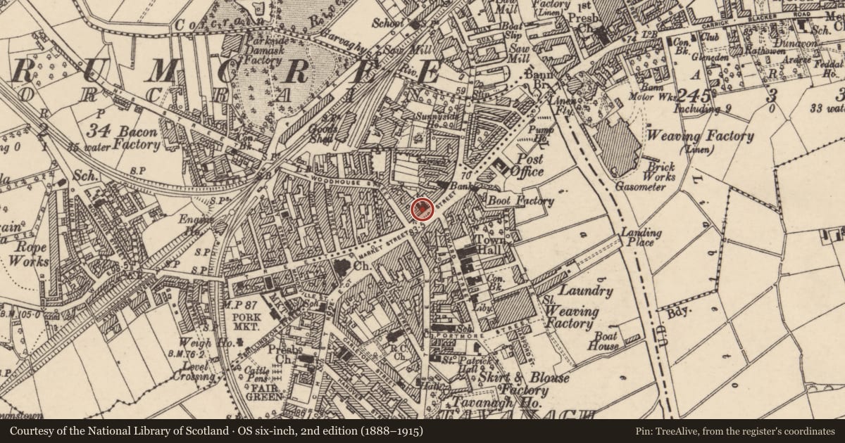 Ordnance Survey six-inch map, 2nd edition (1888–1915) covering the location of 37 & 38 High Street, Armagh City, Banbridge and Craigavon, with a pin at the register's coordinates