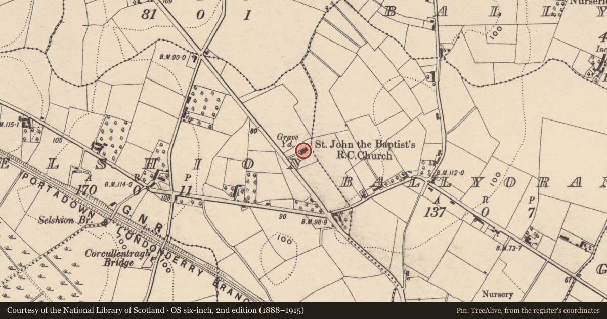 Ordnance Survey six-inch map, 2nd edition (1888–1915) covering the location of St. John The Baptist Rc Church, Armagh City, Banbridge and Craigavon, with a pin at the register's coordinates