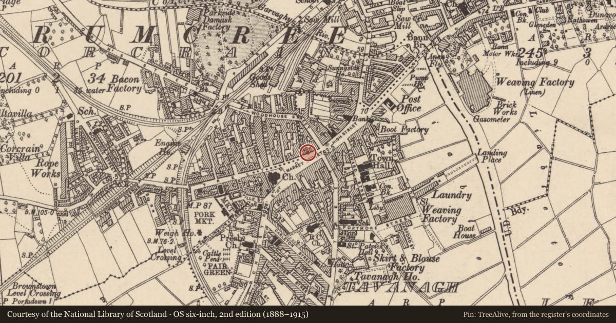 Ordnance Survey six-inch map, 2nd edition (1888–1915) covering the location of First Trust Bank, Armagh City, Banbridge and Craigavon, with a pin at the register's coordinates