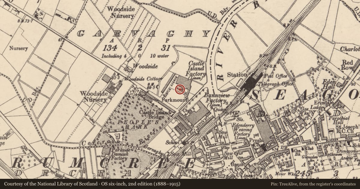 Ordnance Survey six-inch map, 2nd edition (1888–1915) covering the location of Section of roof at Ulster Carpet Mills, Garvaghy, Armagh City, Banbridge and Craigavon, with a pin at the register's coordinates