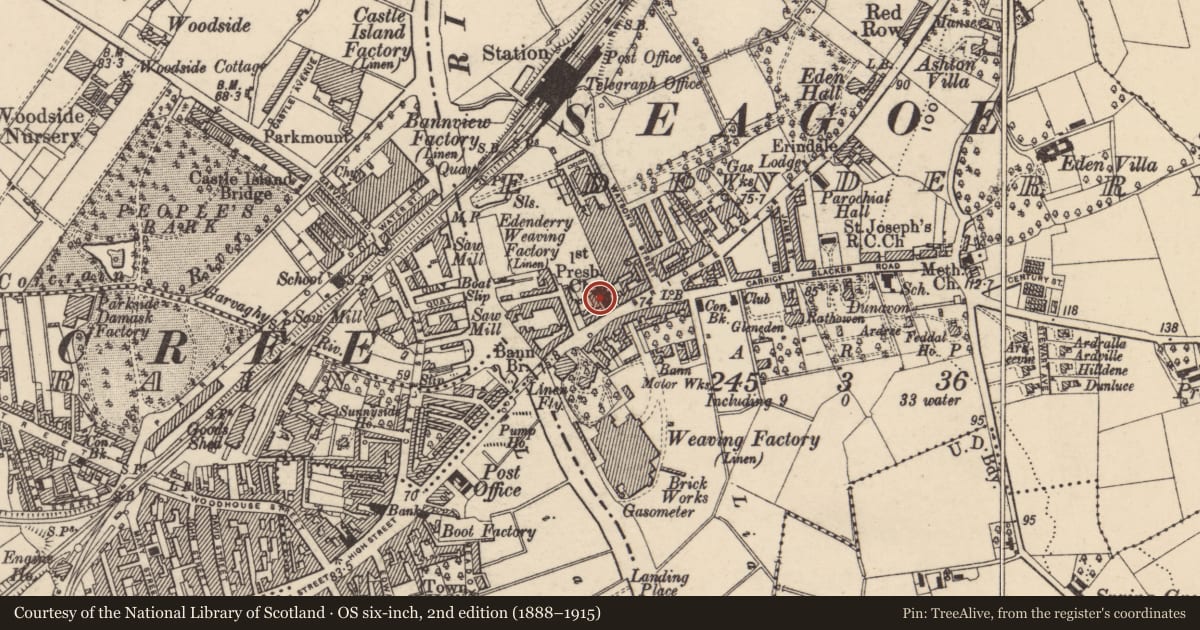 Ordnance Survey six-inch map, 2nd edition (1888–1915) covering the location of First Presbyterian Church, Armagh City, Banbridge and Craigavon, with a pin at the register's coordinates