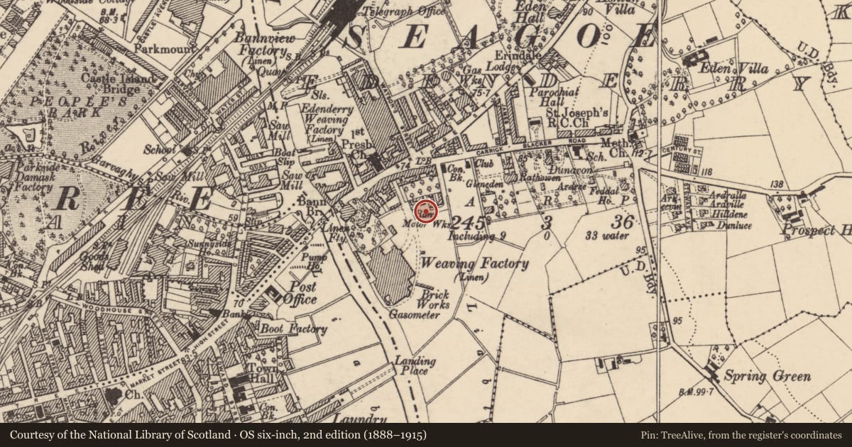 Ordnance Survey six-inch map, 2nd edition (1888–1915) covering the location of 16 Carrickblacker Avenue, Armagh City, Banbridge and Craigavon, with a pin at the register's coordinates