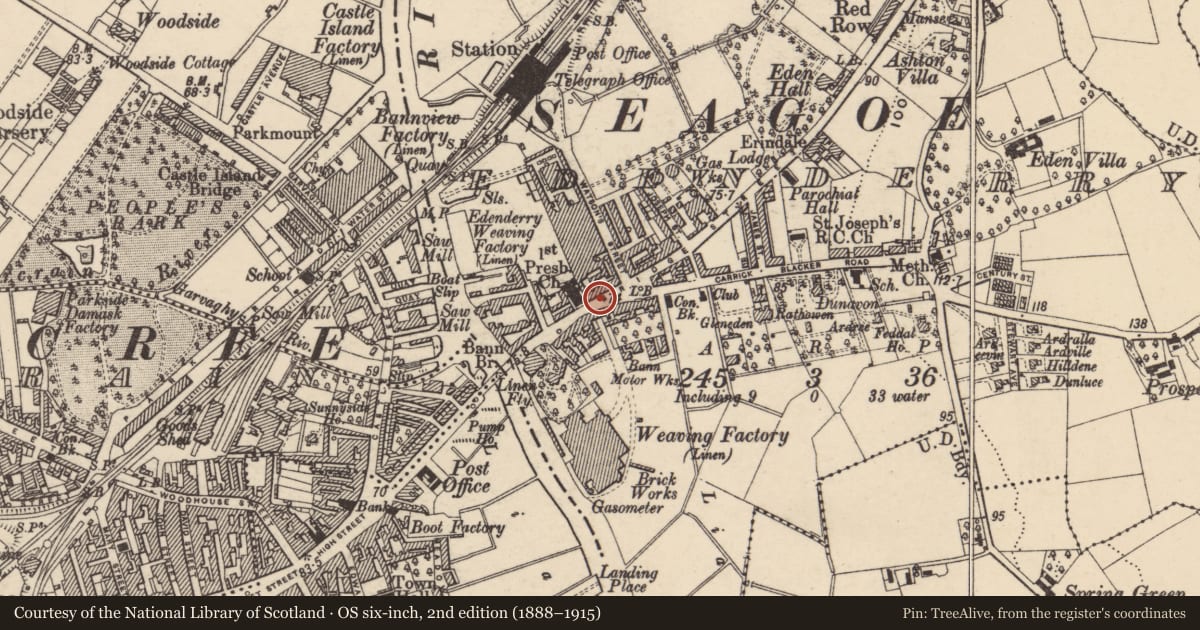 Ordnance Survey six-inch map, 2nd edition (1888–1915) covering the location of 109 Bridge Street, Edenderry, Armagh City, Banbridge and Craigavon, with a pin at the register's coordinates