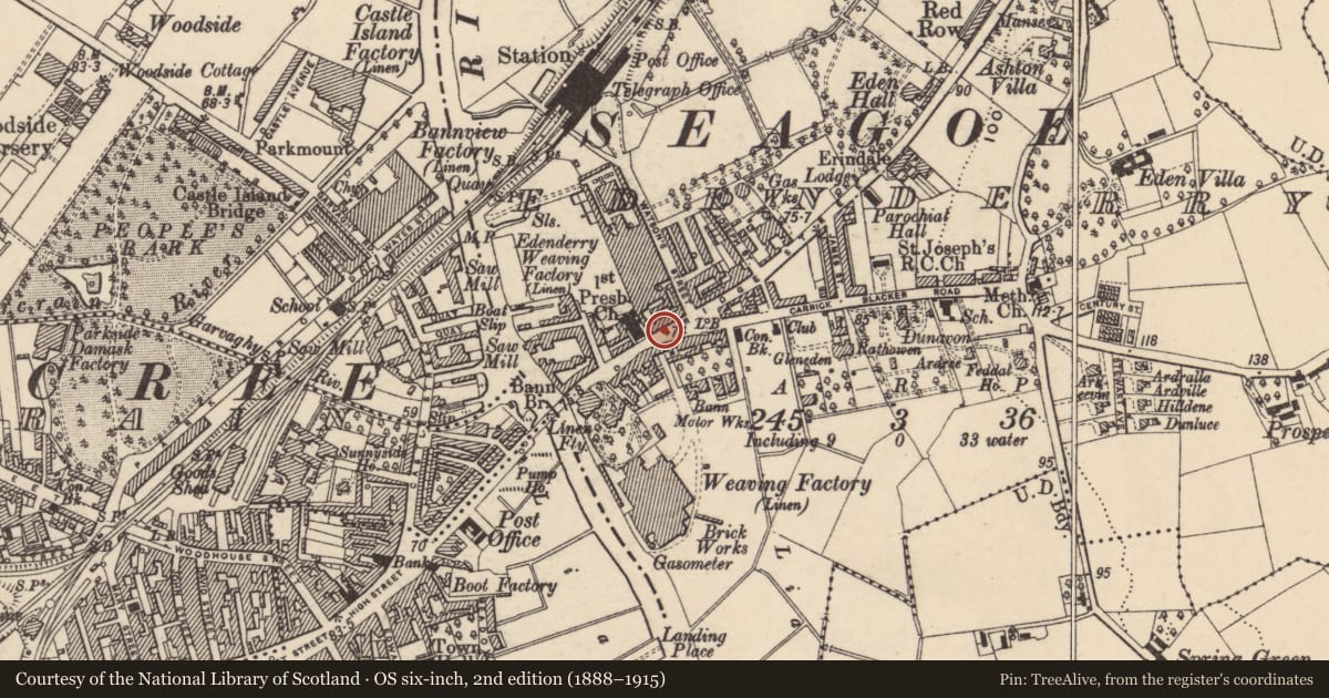 Ordnance Survey six-inch map, 2nd edition (1888–1915) covering the location of 111 Bridge Street, Edenderry, Armagh City, Banbridge and Craigavon, with a pin at the register's coordinates