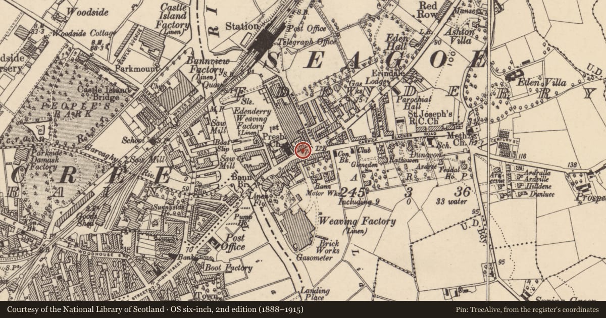 Ordnance Survey six-inch map, 2nd edition (1888–1915) covering the location of 113 Bridge Street, Edenderry, Armagh City, Banbridge and Craigavon, with a pin at the register's coordinates