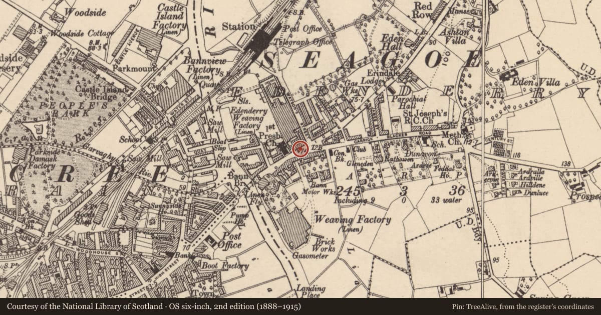 Ordnance Survey six-inch map, 2nd edition (1888–1915) covering the location of 115 Bridge Street, Edenderry, Armagh City, Banbridge and Craigavon, with a pin at the register's coordinates