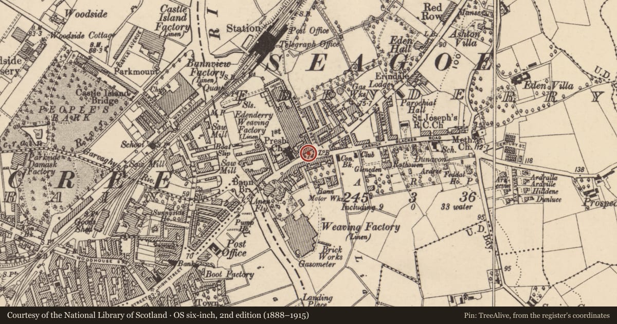 Ordnance Survey six-inch map, 2nd edition (1888–1915) covering the location of 117 Bridge Street, Edenderry, Armagh City, Banbridge and Craigavon, with a pin at the register's coordinates
