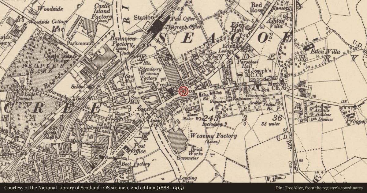 Ordnance Survey six-inch map, 2nd edition (1888–1915) covering the location of 119 Bridge Street, Edenderry, Armagh City, Banbridge and Craigavon, with a pin at the register's coordinates