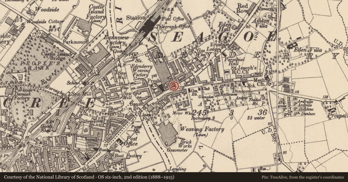 Ordnance Survey six-inch map, 2nd edition (1888–1915) covering the location of 121 Bridge Street, Edenderry, Armagh City, Banbridge and Craigavon, with a pin at the register's coordinates