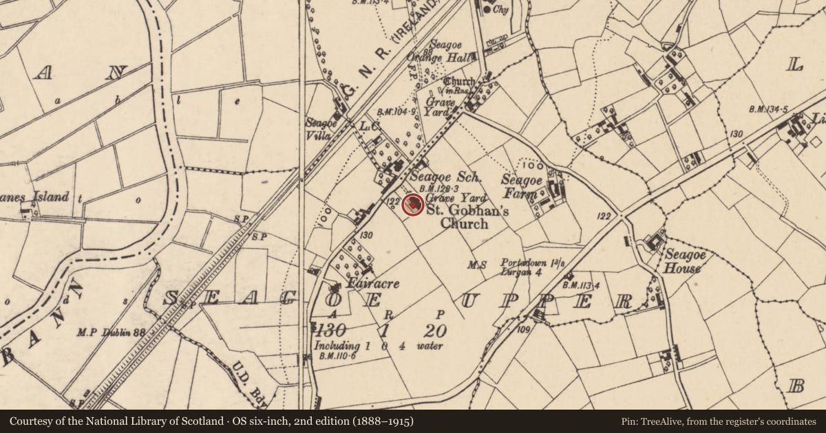 Ordnance Survey six-inch map, 2nd edition (1888–1915) covering the location of St. Gobhan'S Church, Armagh City, Banbridge and Craigavon, with a pin at the register's coordinates