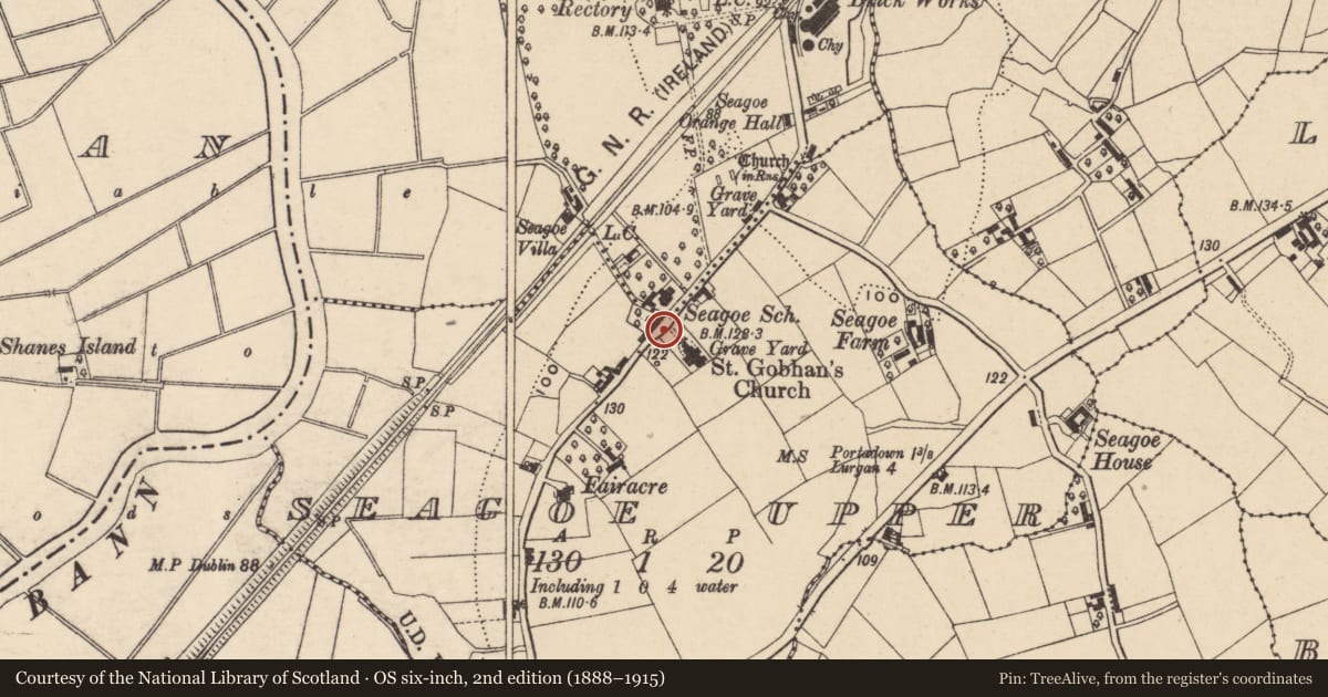 Ordnance Survey six-inch map, 2nd edition (1888–1915) covering the location of Gates/Screens/Lodges, Armagh City, Banbridge and Craigavon, with a pin at the register's coordinates