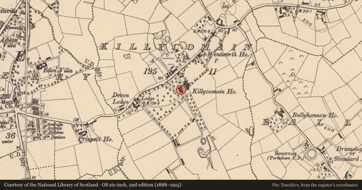 Ordnance Survey six-inch map, 2nd edition (1888–1915) covering the location of Killycomain House, Armagh City, Banbridge and Craigavon, with a pin at the register's coordinates