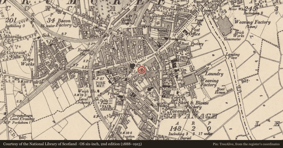 Ordnance Survey six-inch map, 2nd edition (1888–1915) covering the location of 2-4 Church St., Armagh City, Banbridge and Craigavon, with a pin at the register's coordinates