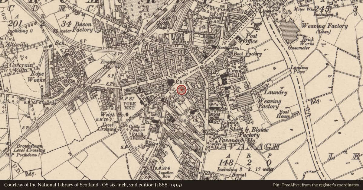 Ordnance Survey six-inch map, 2nd edition (1888–1915) covering the location of 6-8 Church St., Armagh City, Banbridge and Craigavon, with a pin at the register's coordinates