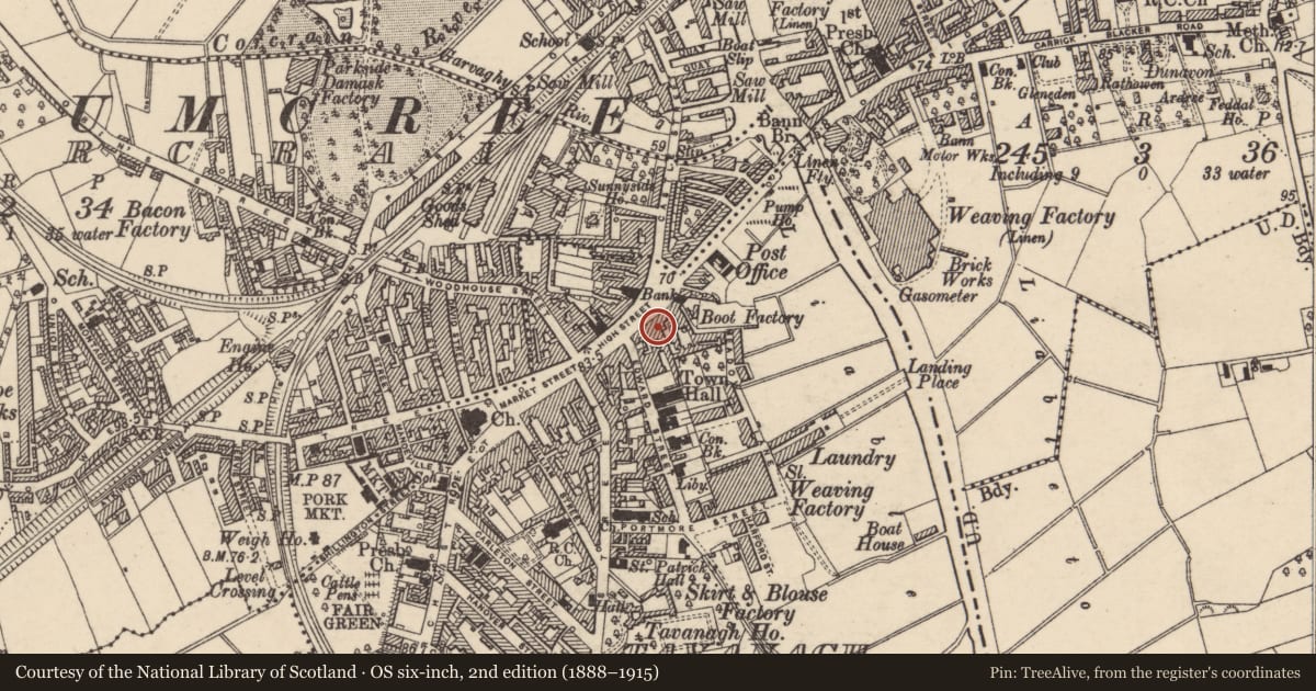Ordnance Survey six-inch map, 2nd edition (1888–1915) covering the location of 17A High St., Armagh City, Banbridge and Craigavon, with a pin at the register's coordinates