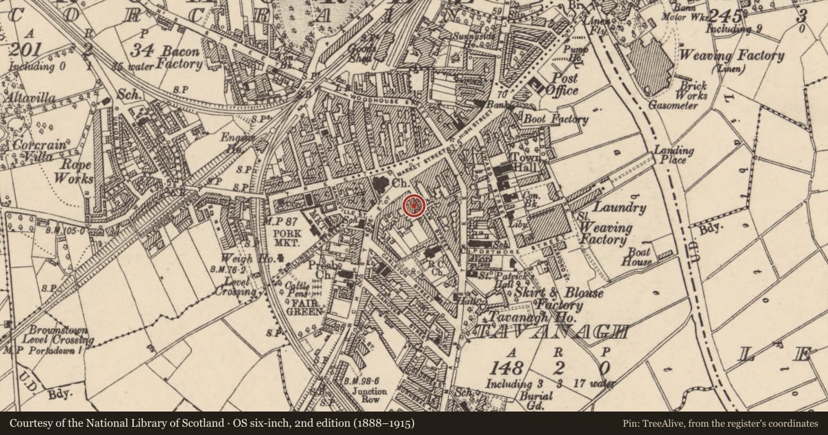 Ordnance Survey six-inch map, 2nd edition (1888–1915) covering the location of 53 William St., Armagh City, Banbridge and Craigavon, with a pin at the register's coordinates