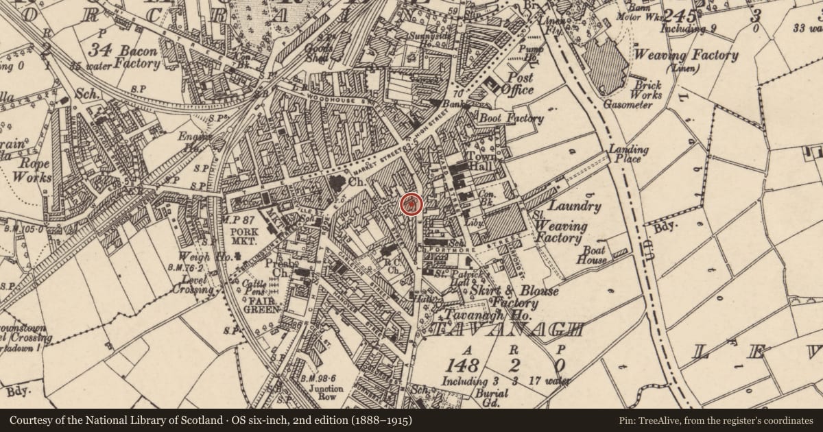 Ordnance Survey six-inch map, 2nd edition (1888–1915) covering the location of 28 Thomas St., Armagh City, Banbridge and Craigavon, with a pin at the register's coordinates