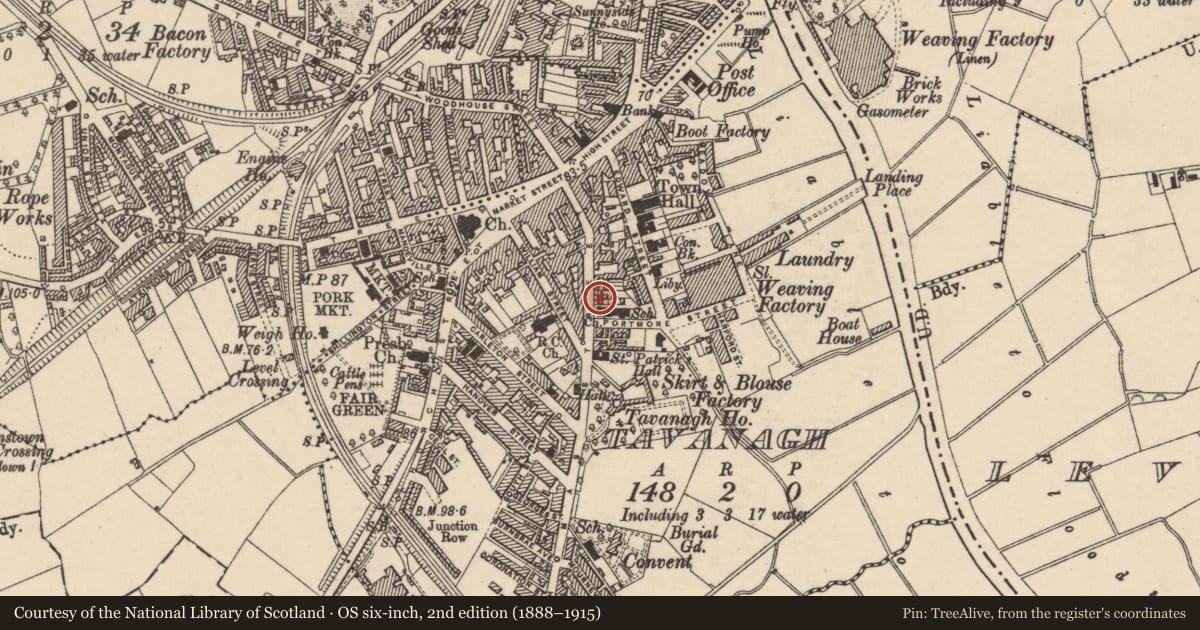 Ordnance Survey six-inch map, 2nd edition (1888–1915) covering the location of 33 Thomas St., Armagh City, Banbridge and Craigavon, with a pin at the register's coordinates