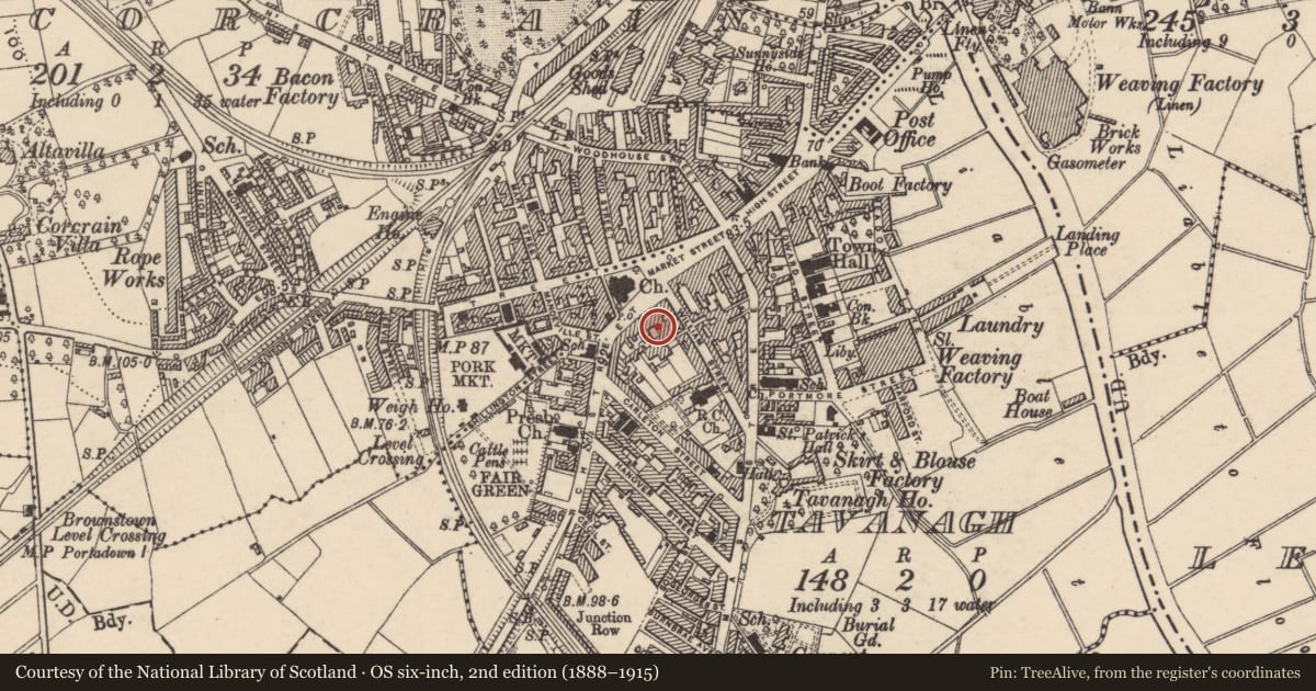 Ordnance Survey six-inch map, 2nd edition (1888–1915) covering the location of Allied Irish Bank, Armagh City, Banbridge and Craigavon, with a pin at the register's coordinates
