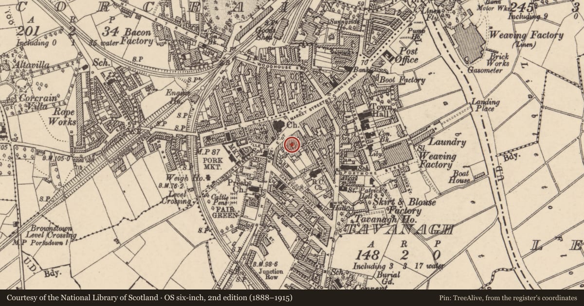Ordnance Survey six-inch map, 2nd edition (1888–1915) covering the location of 14 Church St., Armagh City, Banbridge and Craigavon, with a pin at the register's coordinates