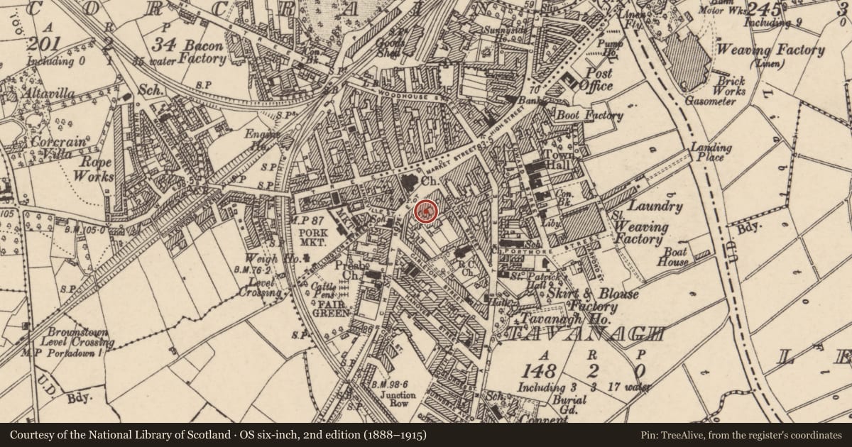 Ordnance Survey six-inch map, 2nd edition (1888–1915) covering the location of 16 Church St., Armagh City, Banbridge and Craigavon, with a pin at the register's coordinates