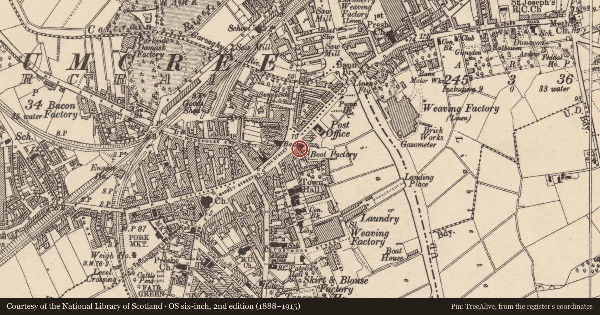 Ordnance Survey six-inch map, 2nd edition (1888–1915) covering the location of Ulster Bank, Armagh City, Banbridge and Craigavon, with a pin at the register's coordinates