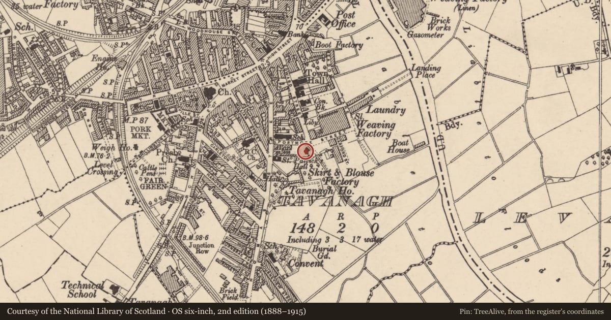 Ordnance Survey six-inch map, 2nd edition (1888–1915) covering the location of Former Quaker Meeting House, Portadown, Armagh City, Banbridge and Craigavon, with a pin at the register's coordinates