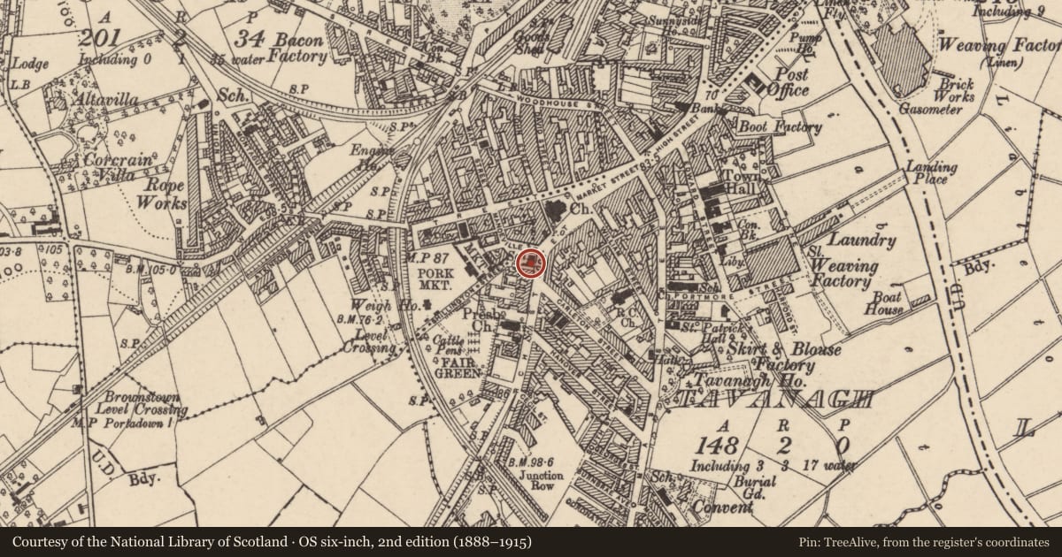 Ordnance Survey six-inch map, 2nd edition (1888–1915) covering the location of The Fergus Hall, Armagh City, Banbridge and Craigavon, with a pin at the register's coordinates