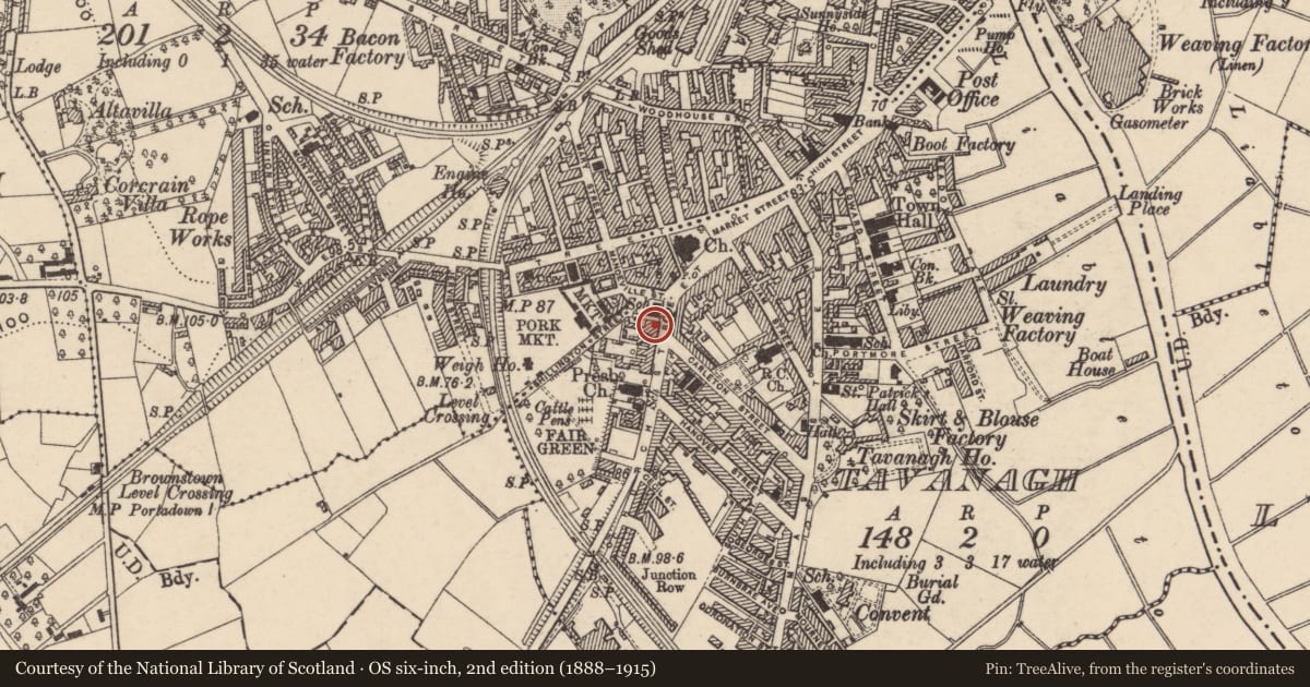 Ordnance Survey six-inch map, 2nd edition (1888–1915) covering the location of 13 Church St., Armagh City, Banbridge and Craigavon, with a pin at the register's coordinates