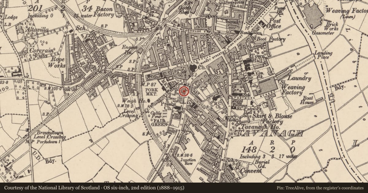 Ordnance Survey six-inch map, 2nd edition (1888–1915) covering the location of 15 Church St., Armagh City, Banbridge and Craigavon, with a pin at the register's coordinates