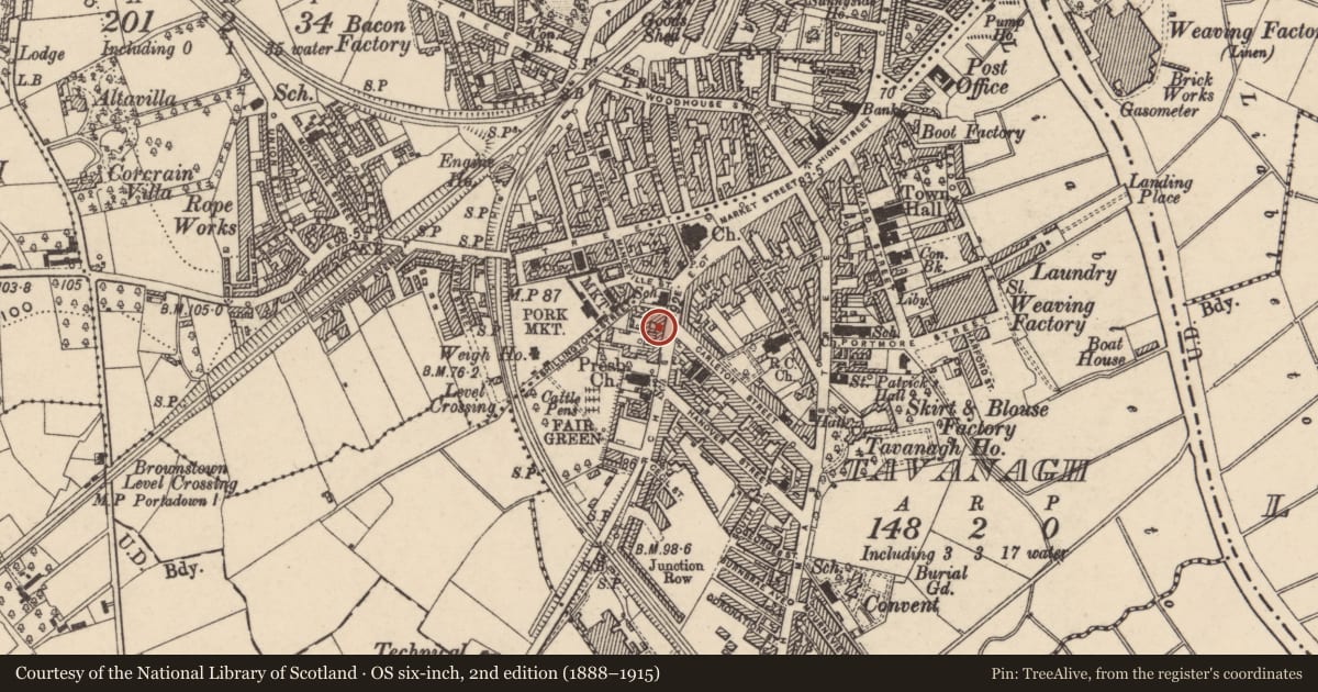 Ordnance Survey six-inch map, 2nd edition (1888–1915) covering the location of 17-19 Church St., Armagh City, Banbridge and Craigavon, with a pin at the register's coordinates