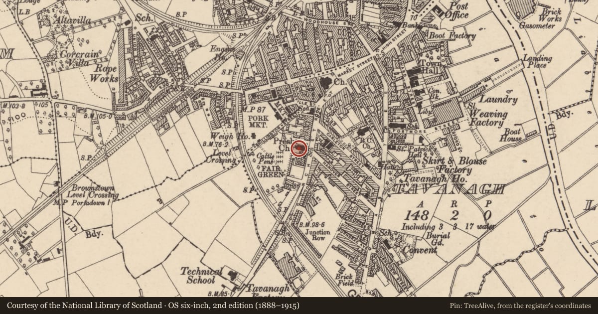 Ordnance Survey six-inch map, 2nd edition (1888–1915) covering the location of Armagh Road Presbyterian Church, Armagh City, Banbridge and Craigavon, with a pin at the register's coordinates